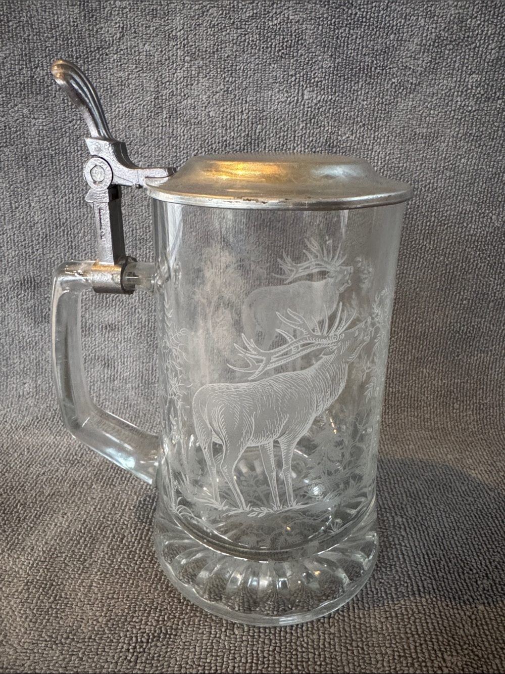 ALWE West Germany Glass Beer Stein Etched Stag Wildlife Design Pewter Lid